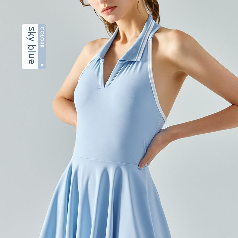Hanging Neck Contrasting Lapel Sports Dress