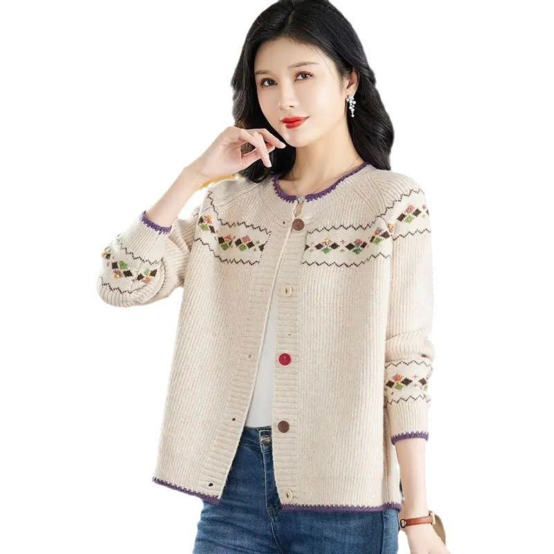 Round Neck Wool Cardigan Coat For Women