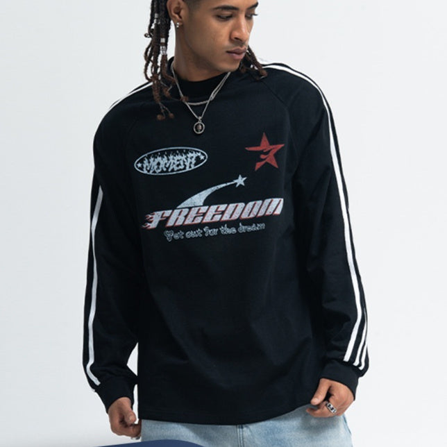Letter Printed Raglan Three Bars Long Sleeve Bottoming Top Men