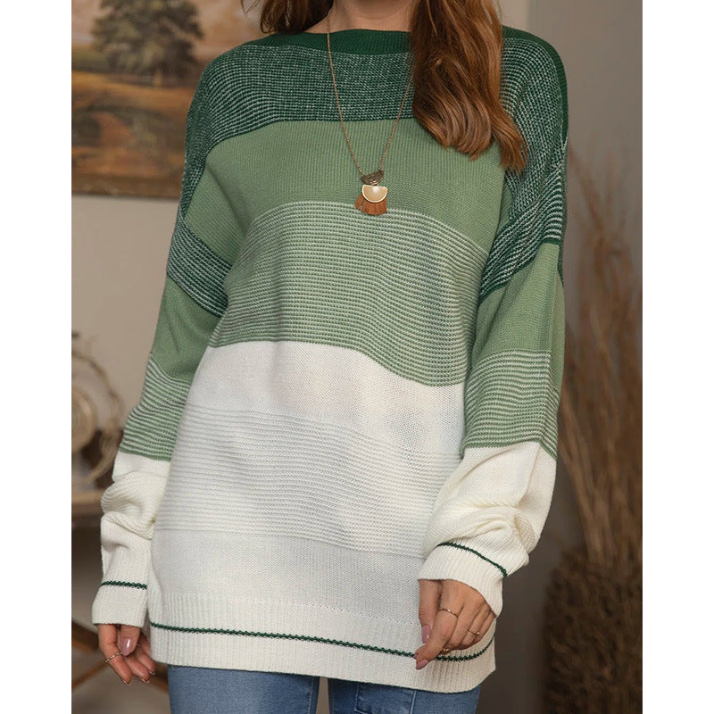 Pull vert lâche à rayures dégradées et couleurs contrastées pour femme