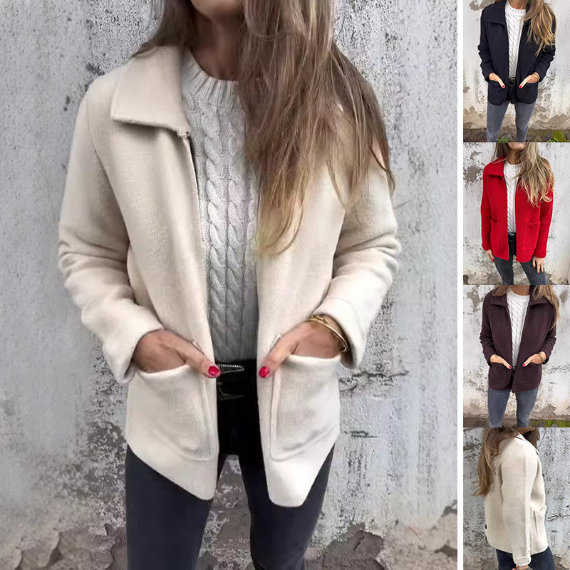 Veste à revers zippée avec poches, couleur unie tendance, manteau d'automne-hiver pour femme