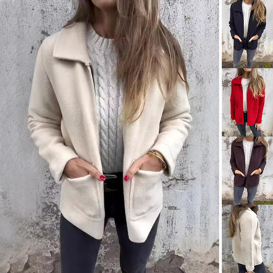 Chaqueta con cremallera en la solapa con bolsillos, abrigo de moda de color liso para otoño e invierno, ropa de mujer