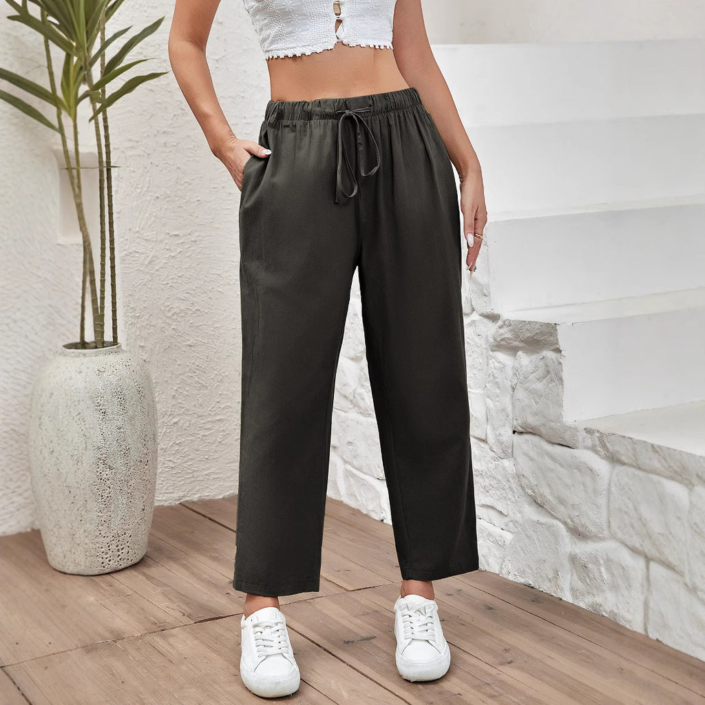 Women's Drawstring Elastic Cotton And Linen Casual Cropped Pants