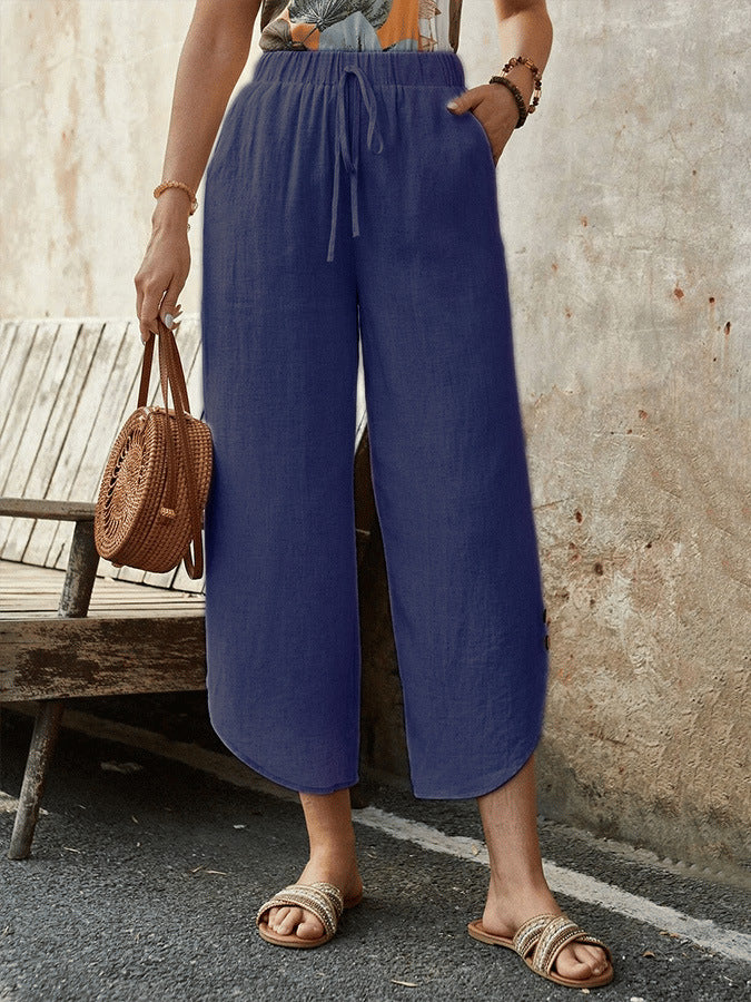 Cotton And Linen Drawstring Cropped Loose Pockets Casual Pants