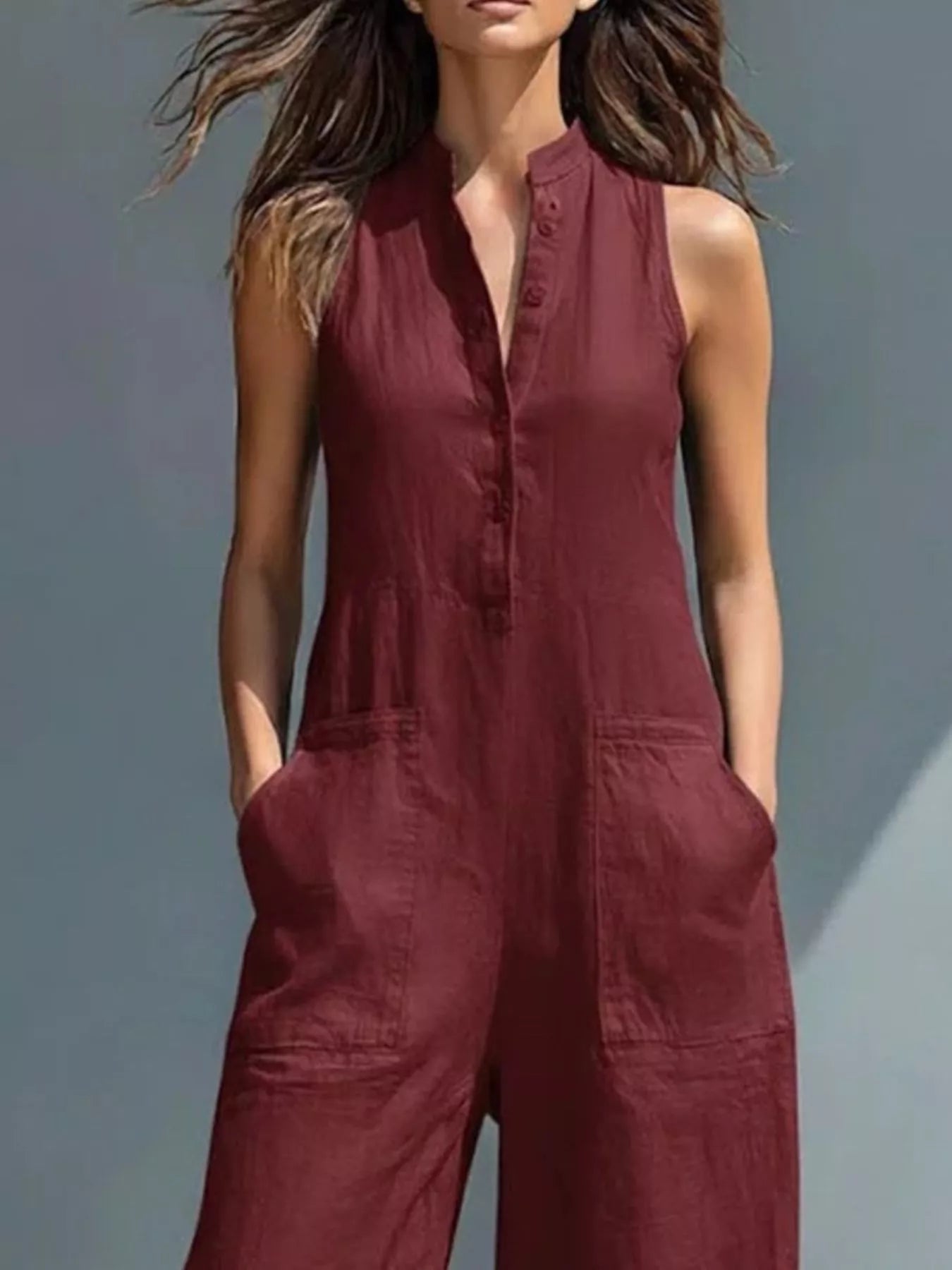 Shop Full Size Button Front Sleeveless Jumpsuit Plus Size - Women's Fashion | Akatonbo