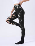 Butt Lifting Yoga Gym Athletic Pants, Hollow Out Tummy Control Sports Leggings Tie Dye Running Pants