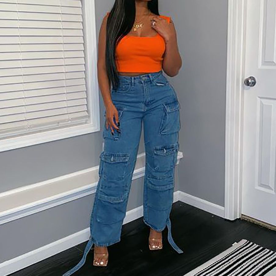 Multi-pocket Jeans Washed Overalls