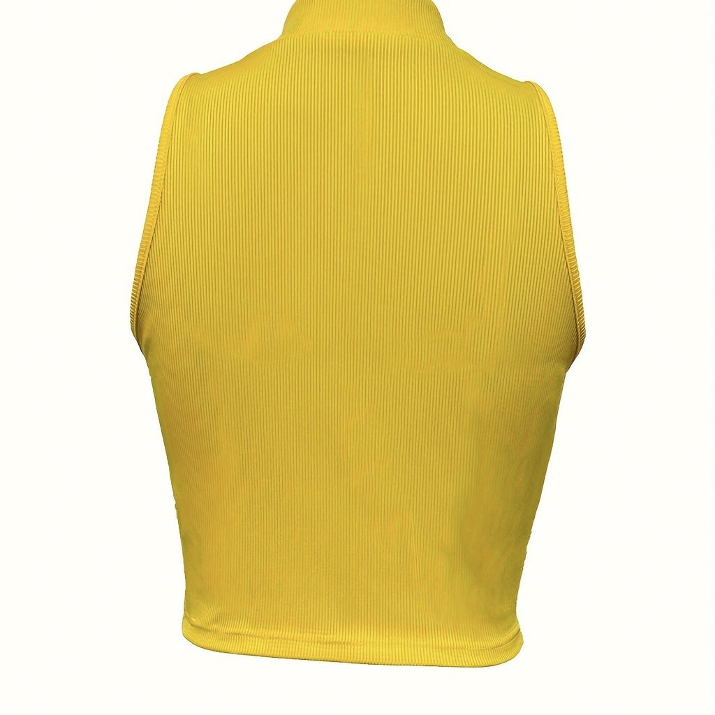 Women's Solid Color Ribbed Knit Short Zipper Design Off Shoulder Stand Up Collar Vest Top