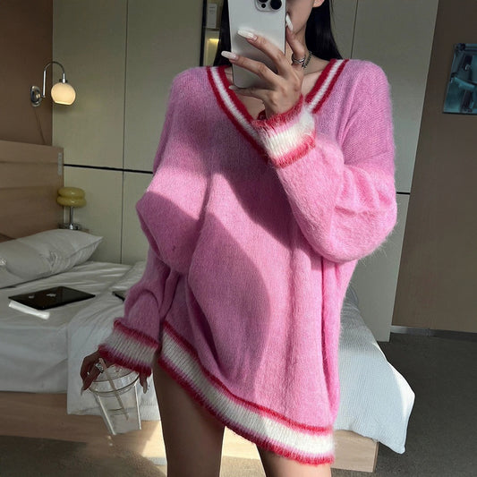 Akatonbo Knitwear V-Neck Long Pullover Flocking Mohair Autumn And Winter Sweater