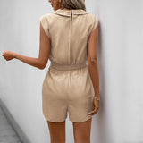 Jumpsuit Tied V-neck Solid Color One-piece Shorts