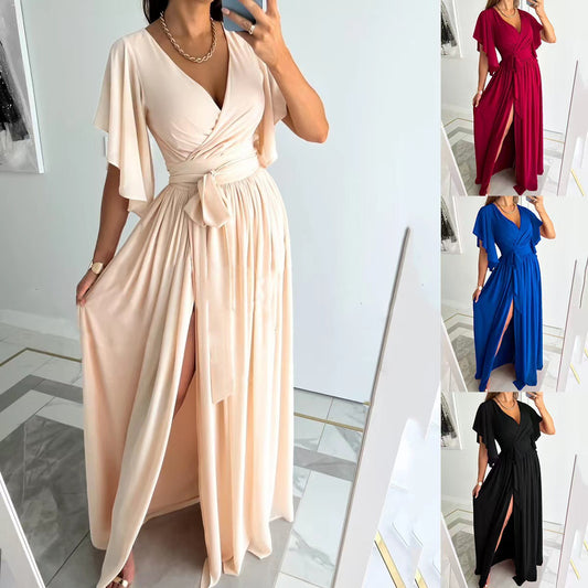 Akatonbo Solid Color Bell Sleeve Loose V-Neck Mop Dress