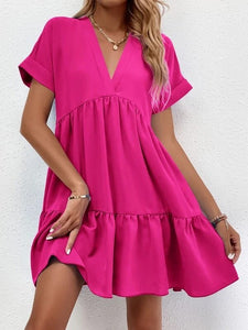 New Short-sleeved V-neck Dress Summer Casual Sweet Ruffled Dresses Solid Color Holiday Beach Dress For Womens Clothing