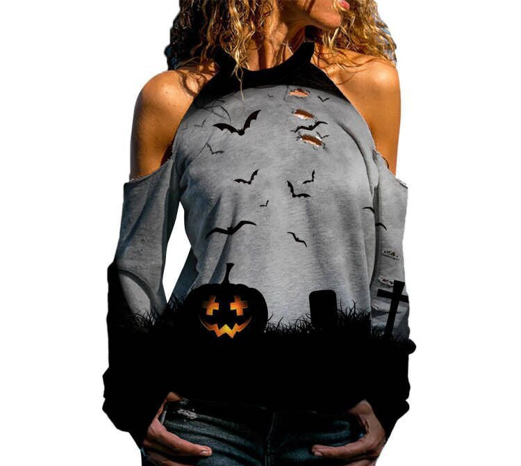 Snoopy Halloween Off Shoulder Printed Top Womens Casual Loose Stitching Long Sleeved T Shirt