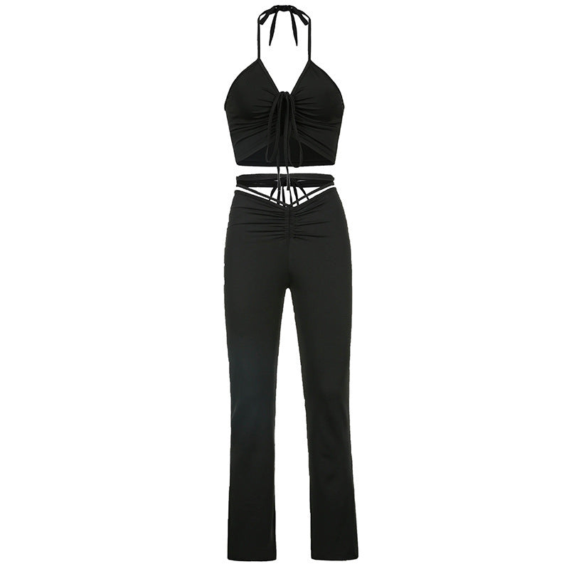 Hot Drawstring Halter Top And High Waist Flare Pants 2 Piece Set
