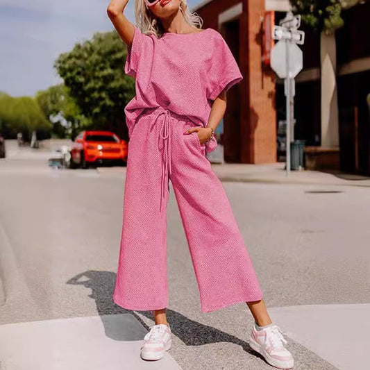Akatonbo Solid Color Texture Casual Fashion Women'S Wear Short-Sleeved Trousers Two-Piece Set