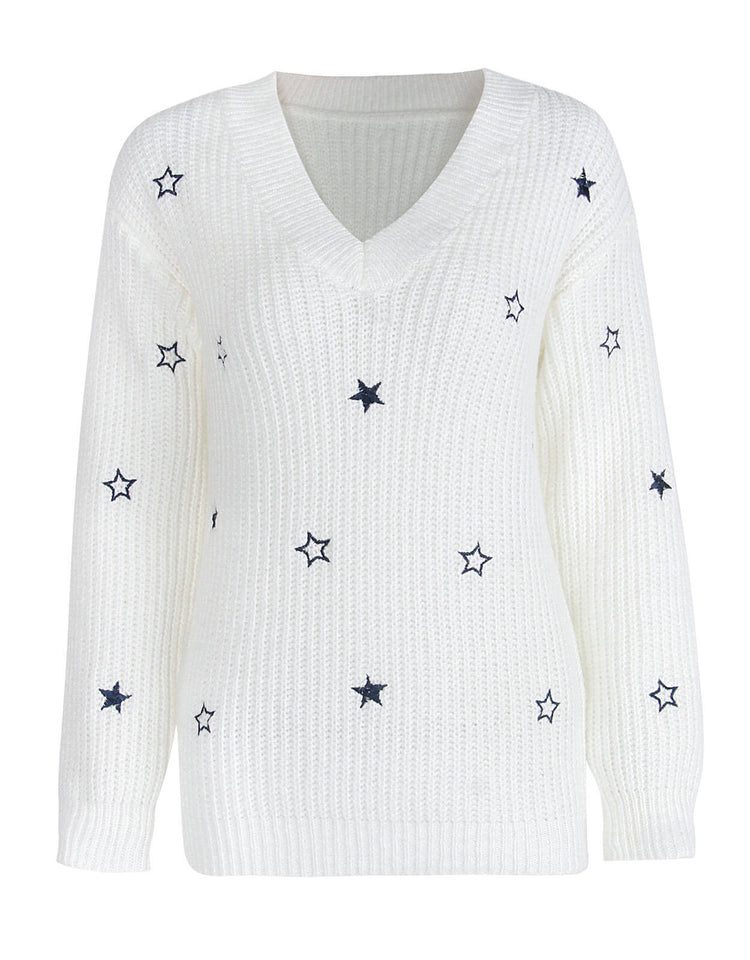 New Commuter V-Neck Solid Little Star Embroidery Sweater