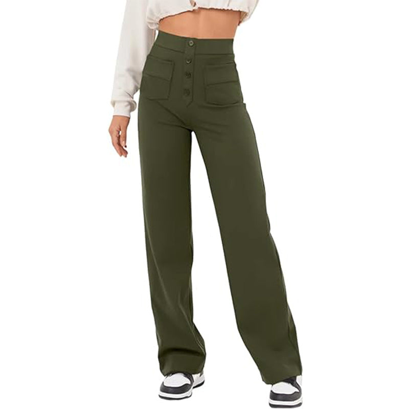 Akatonbo Women'S Clothing High Waist Pocket Wide Leg Button Casual Loose Straight Trousers