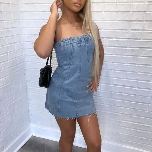 Akatonbo Fashion Backless Tube Denim Dress Summer Sexy Slim Short Dress