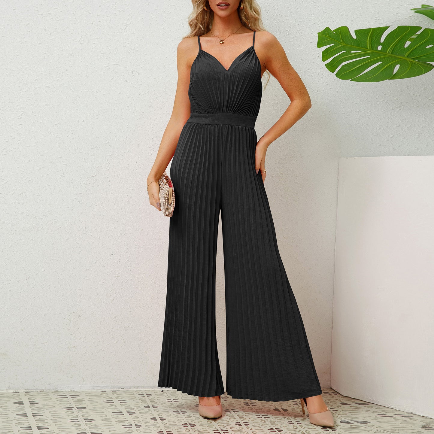 Akatonbo V-Neck Suspender Pleated Jumpsuit Solid Color Loose Straight Pants Womens Clothing