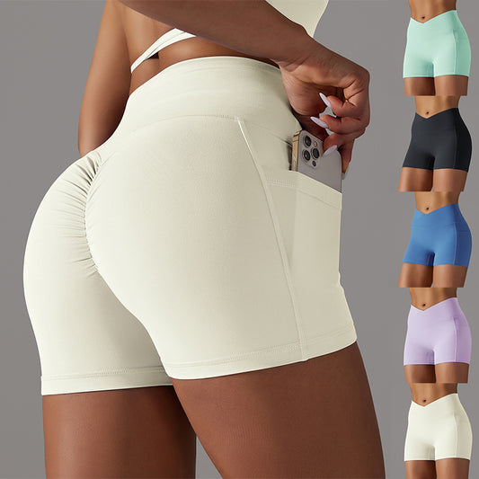 Pantalones cortos de yoga con bolsillo para teléfono, pantalones cortos deportivos de fitness