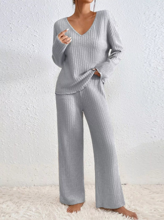 Shop Ribbed V-Neck Top and Pants Set - Women's Fashion | Akatonbo