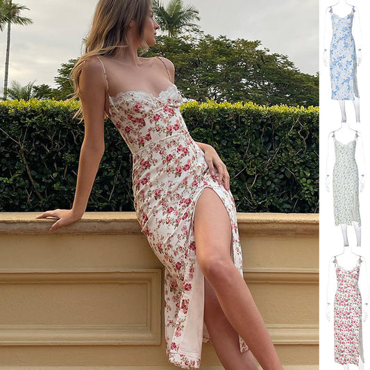 Akatonbo Lace Flowers Print Long Dress Sexy Fashion Slit Suspender Dress Summer Womens Clothing