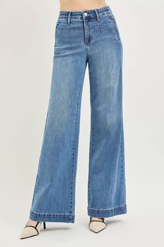 Shop RISEN Tummy Control Elastic Band High Rise Wide Jeans - Women's Fashion | Akatonbo