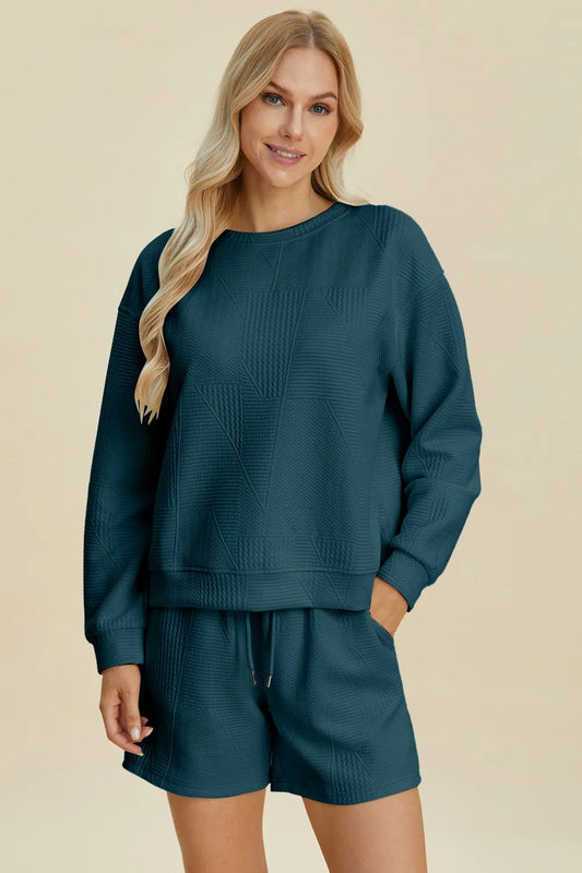 Akatonbo Double Take Full Size Texture Round Neck Long Sleeve Top And Shorts Set