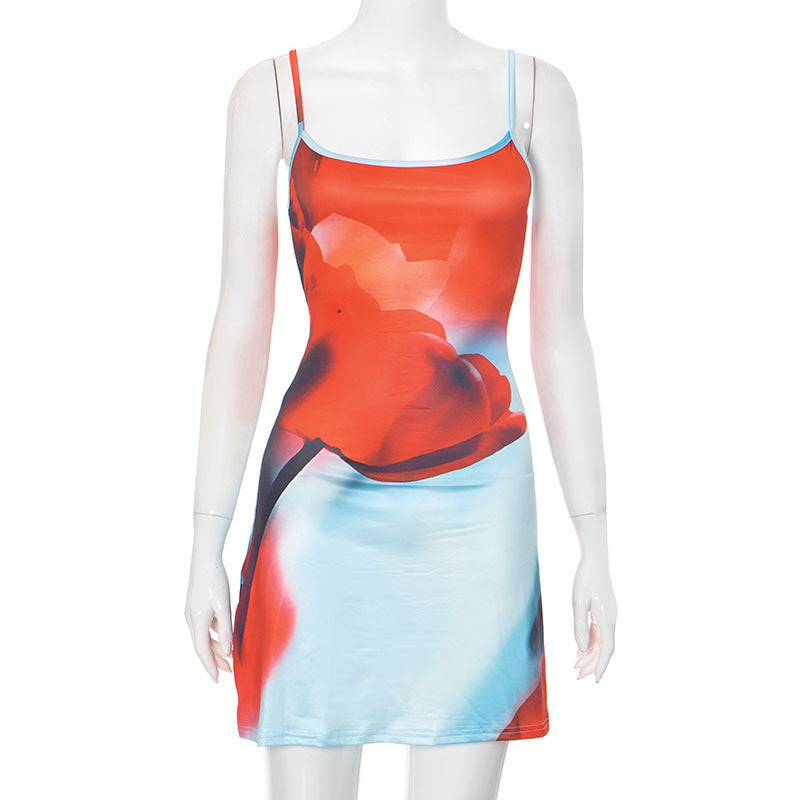 Summer Flowers Printed Suspender Dress Fashion Slim