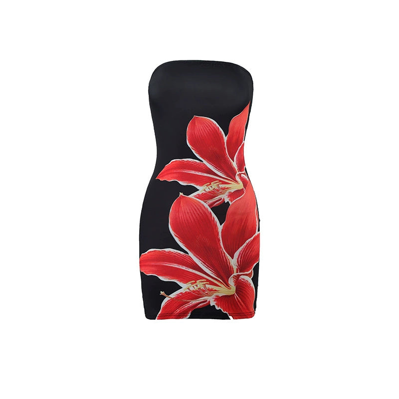 Robe courte moulante sans bretelles à imprimé floral pour femme