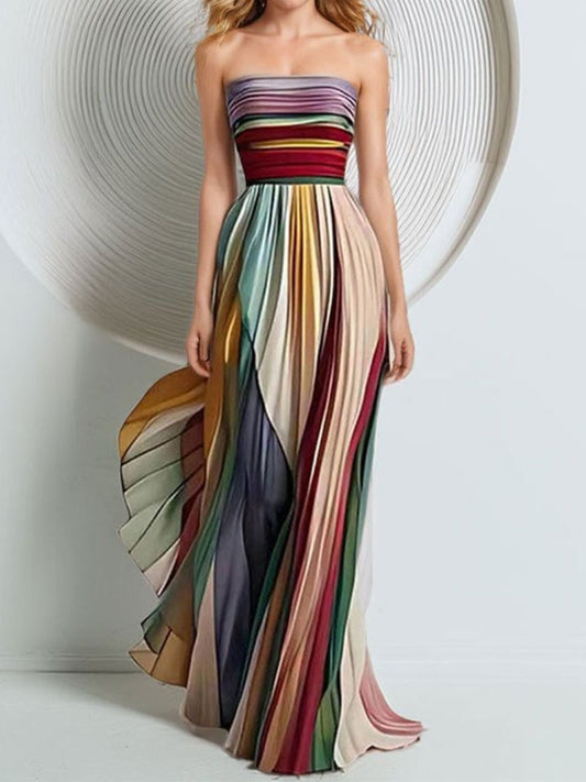 Shop Striped Pleated Strapless Maxi Dress - Women's Fashion | Akatonbo