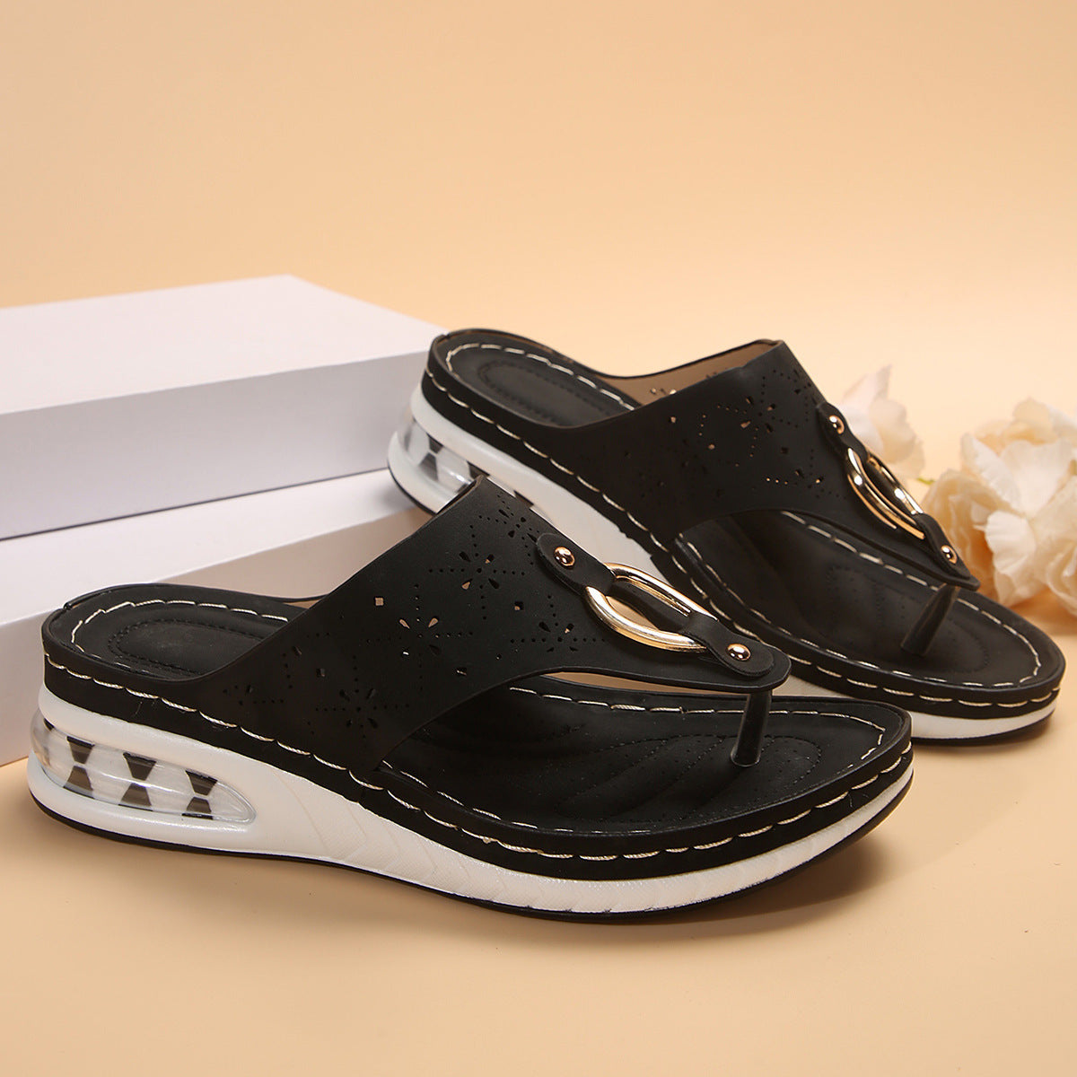 New Air Cushion Sandals Summer Flip Flops Metal Buckle Wedges Shoes For Women Thick Sole Beach Shoes