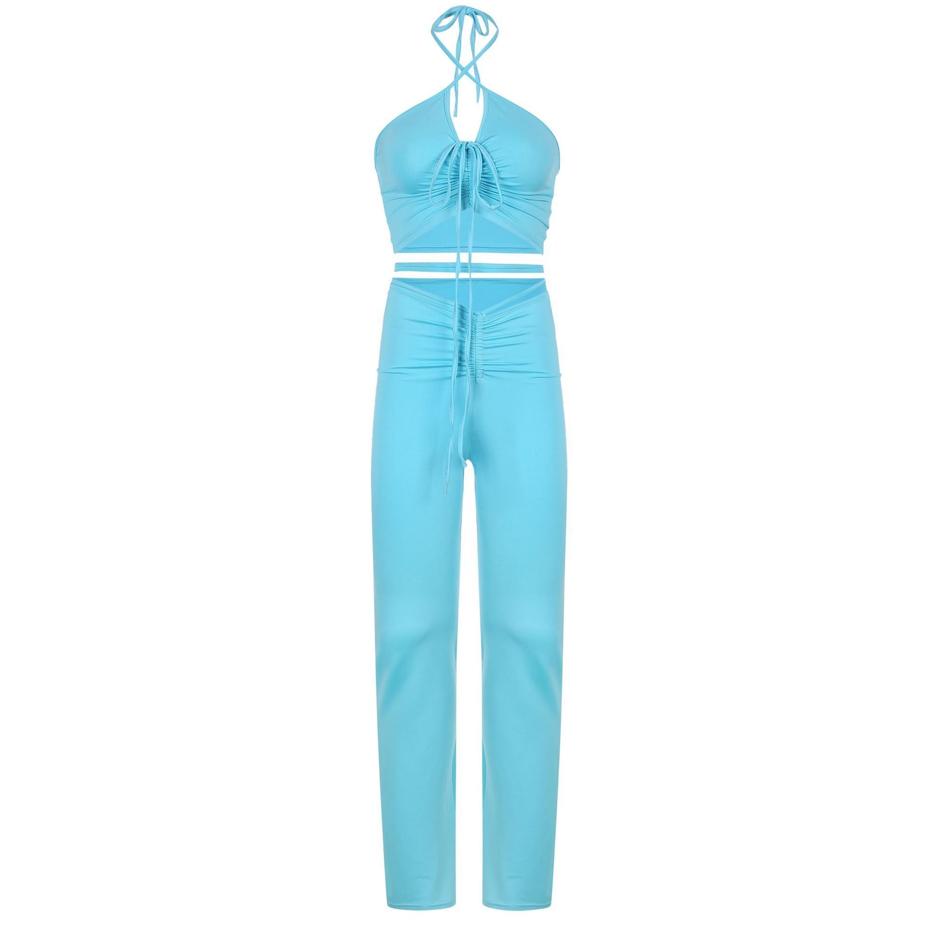 Hot Drawstring Halter Top And High Waist Flare Pants 2 Piece Set