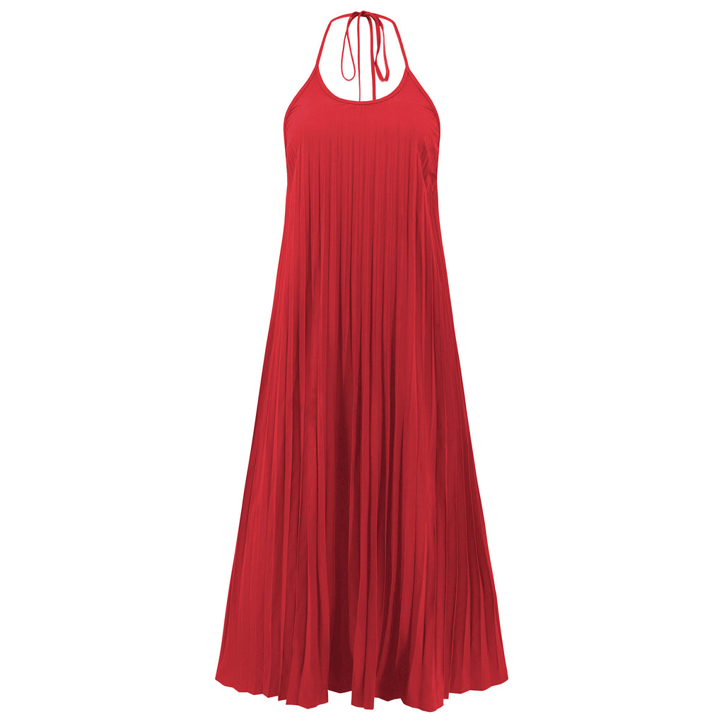 Fashion A-line Pleated Suspender Long Dress Summer Casual Loose Beach Vacation Dresses Women's Clothing