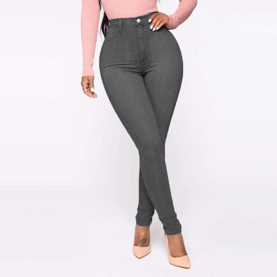 Fitted Jeans Pants For Women High Waist Trousers With Pockets