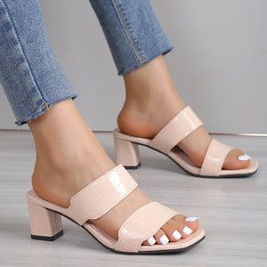 Stone Pattern Women's Sandals Summer Chunky Heel Open Toe Casual Slippers