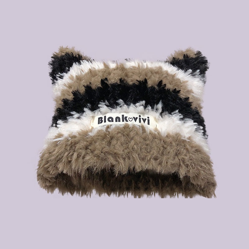 Warm Full With Cat Ears Contrast Color Striped Plush Wool Hat