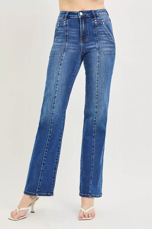Shop RISEN High Rise Straight Patch Pocket Seamed Jeans - Women's Fashion | Akatonbo
