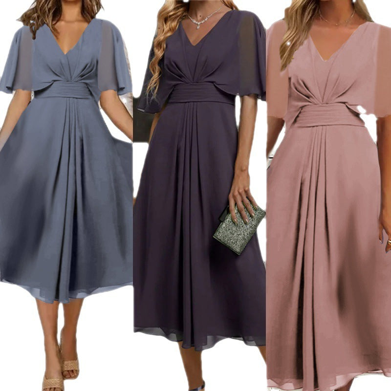 Fashion Solid Color And V-neck Waist Trimming Casual Swing Dress
