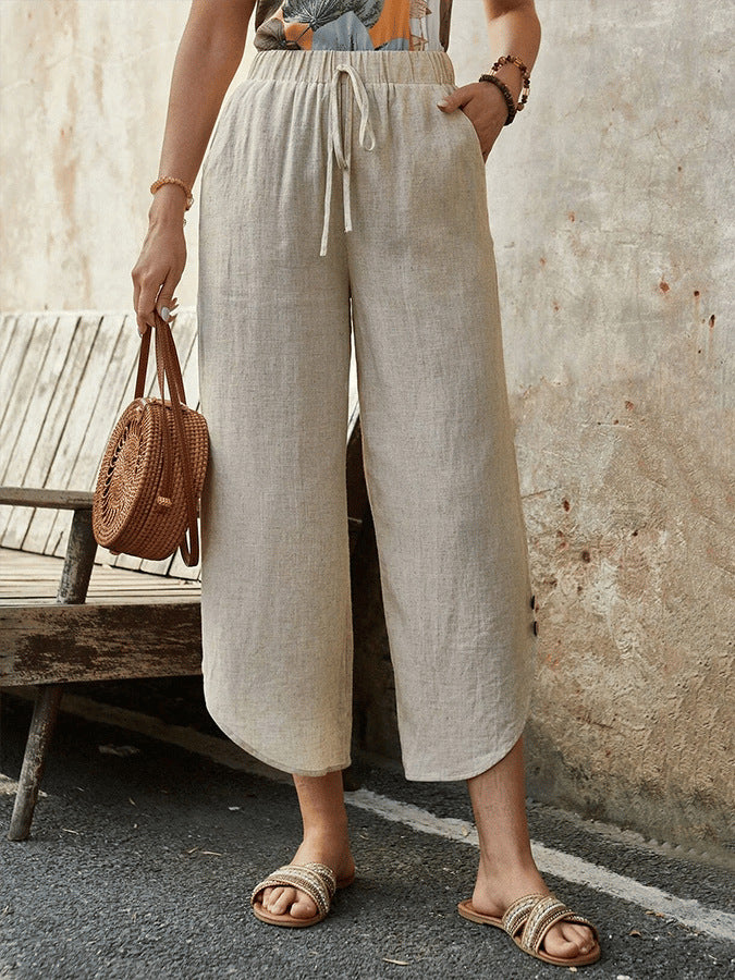 Cotton And Linen Drawstring Cropped Loose Pockets Casual Pants