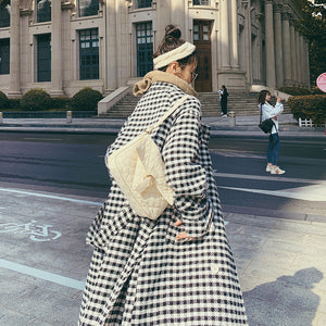 Women's Winter Classic Black And White Lattice Long Thick Woolen Coat