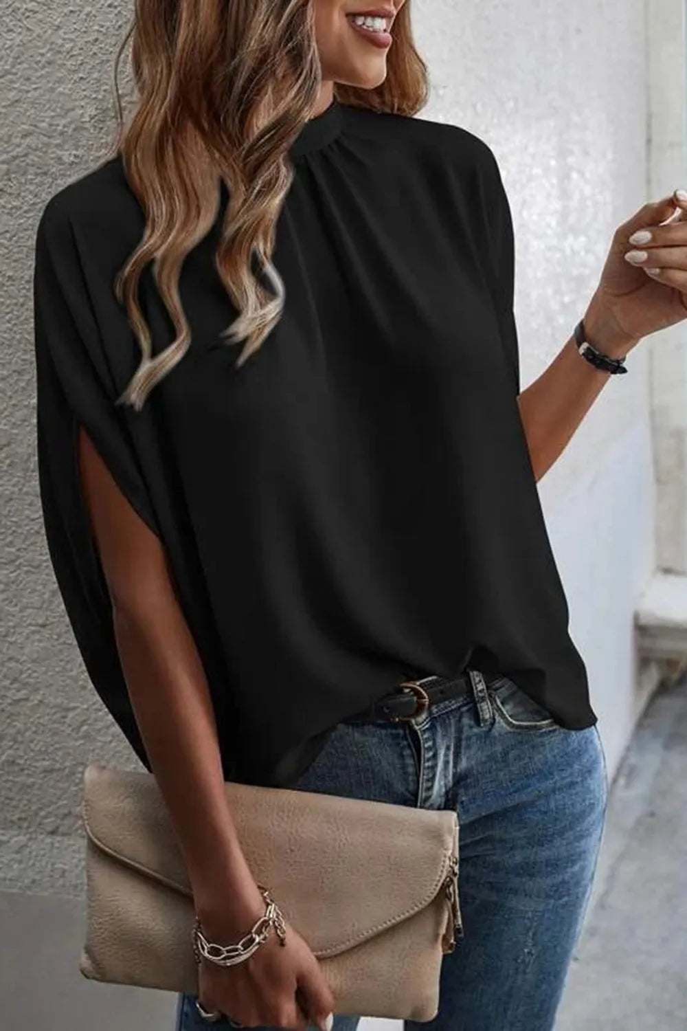Shop Tie Back Slit Half Sleeve Blouse - Women's Fashion | Akatonbo
