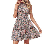 Summer Printed Halter Dress Fashion Boho Backless Ruffled A-Line Beach Dress