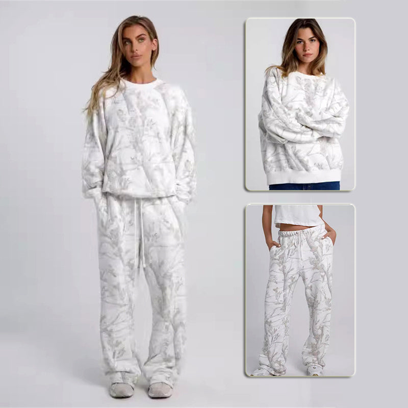 Conjuntos de dos piezas de otoño invierno 2024 para mujer, sudadera con capucha de camuflaje, estampado de hoja de arce, traje de sudadera, sudadera deportiva