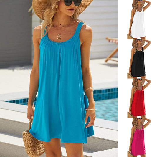 Akatonbo Solid Color Loose Beach Dress Casual Vacation Suspender Dresses Summer Round-Neck Womens Clothing