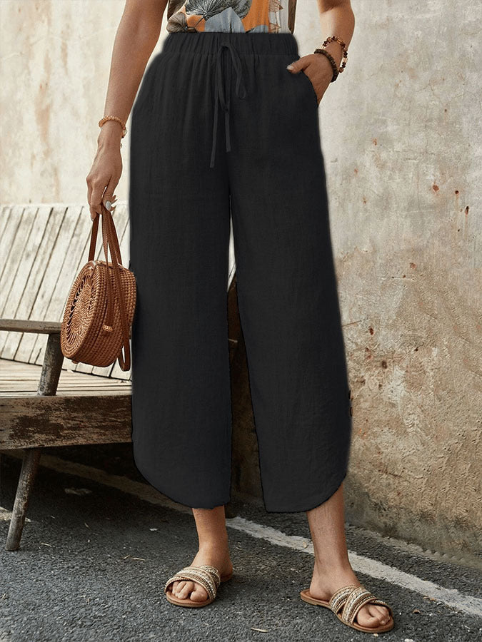 Cotton And Linen Drawstring Cropped Loose Pockets Casual Pants