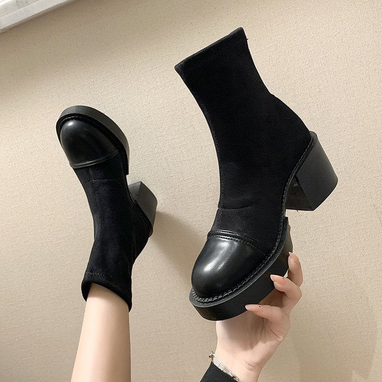 Women Short Boots With Thick Heel Stitching