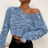 New Autumn And Winter European And American Fashion Short Blue Long Sleeved V-neck Sweater