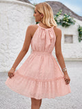 Solid Color Halter rneck Dress Summer Casual Lace Tie Waist