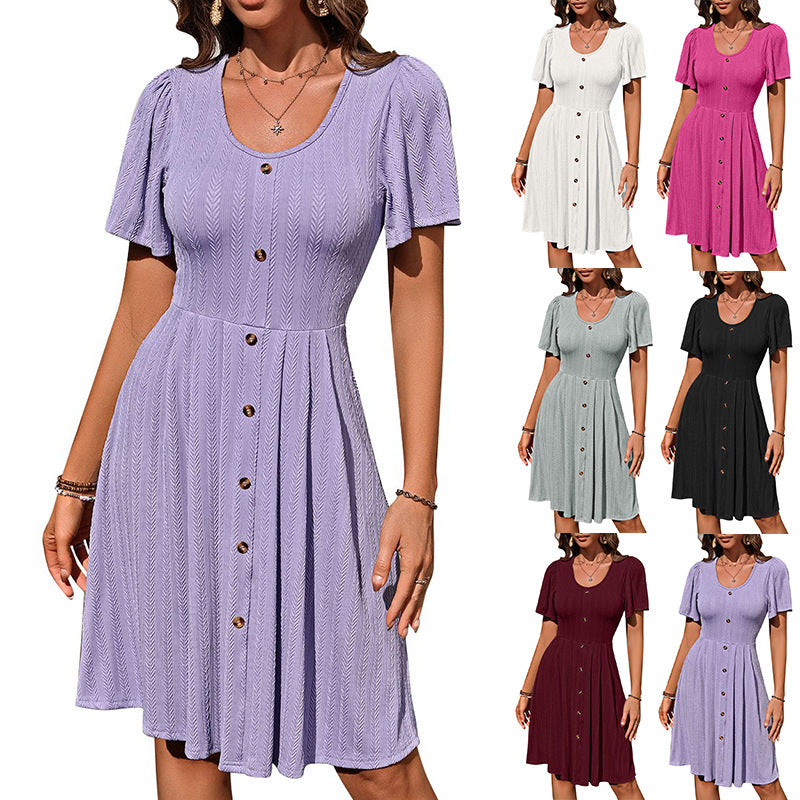 Vestido de verano con cuello en U y manga corta, diseño de botones, moda casual, color liso, vestido de vacaciones para ropa de mujer